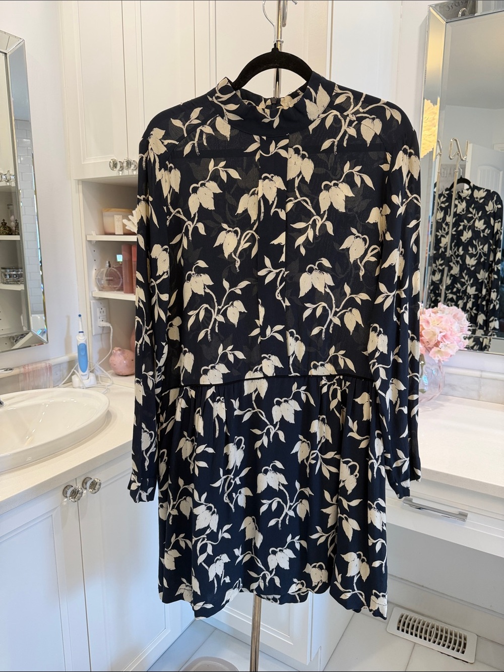 Ganni Black Dress with Cream Floral Print — Long Sleeve